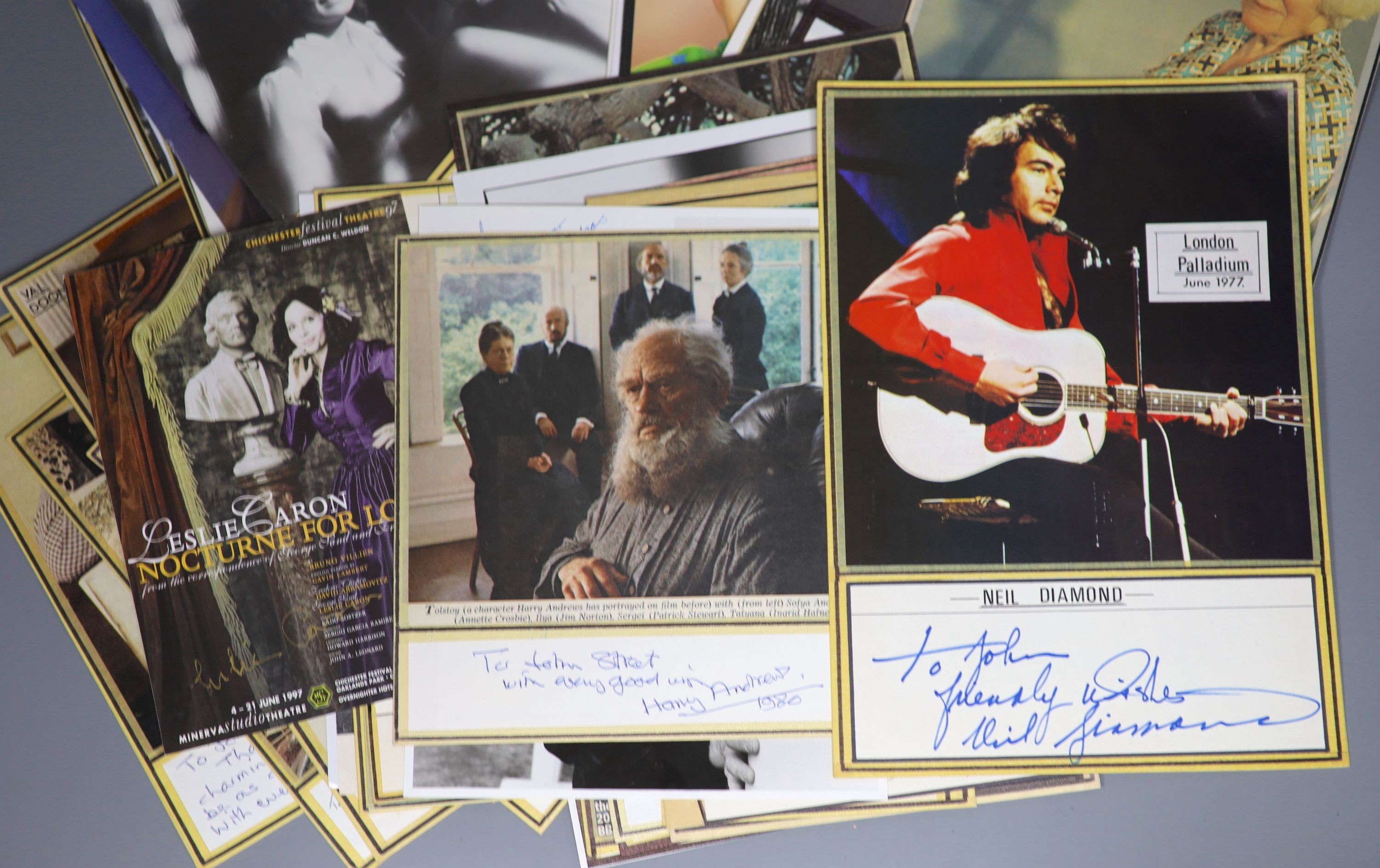 Assorted autographed photos to include Neil Diamond, Vera Lynn, Yul Brynner, etc.
